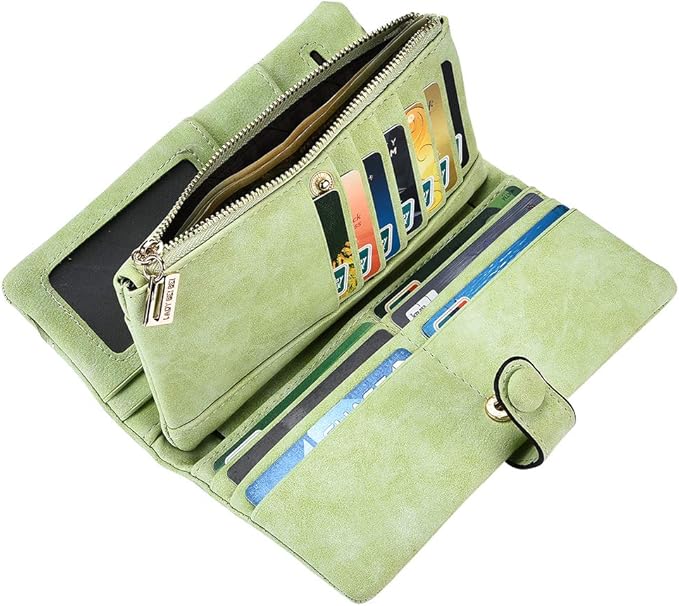 Women's Genuine Leather Bifold Clutch Wallet Large Capacity Card Organizer with Buckle Closure in Candy Colors (Light Green)