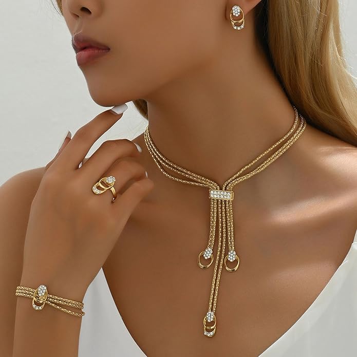 Gold Long Choker Necklace Set Gold Irregular Necklace Earrings Bracelet Fashion Chain Punk Jewelry Accessories for Women Valentine Anniversary Birthday Friendship Gift
