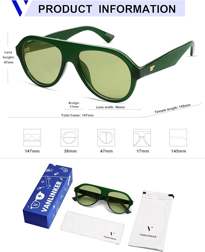 VANLINKER Retro Aviator Polarized Sunglasses for Men Women Trendy 70s Vintage Plastic Frame Sun Glasses VL9750