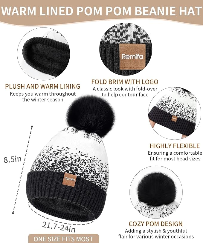 Remifa Womens Winter Beanie Hat Scarf Gloves Set, Pom Pom Warm Hat Long Knit Scarf Touchscreen Gloves 3 In 1 Christmas Gift