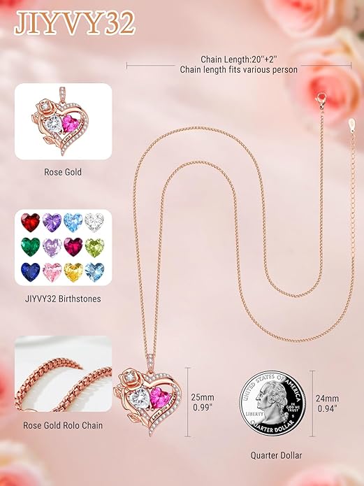 Rose Heart Necklaces for Women, Rose Gold Forever Love Jewelry with 2 Birthstones Pendant, Christmas Anniversarry Birthday Gifts for Her Wife Mom Grandma, 18+2 Inch Chain