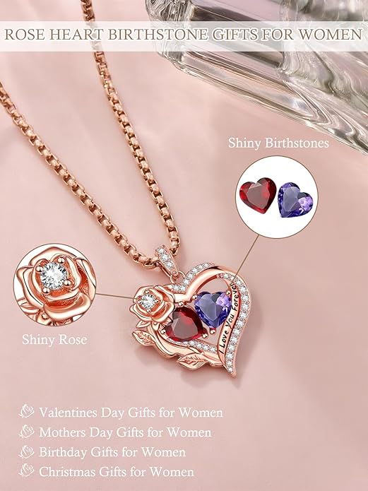 Rose Heart Necklaces for Women, Rose Gold Forever Love Jewelry with 2 Birthstones Pendant, Christmas Anniversarry Birthday Gifts for Her Wife Mom Grandma, 18+2 Inch Chain