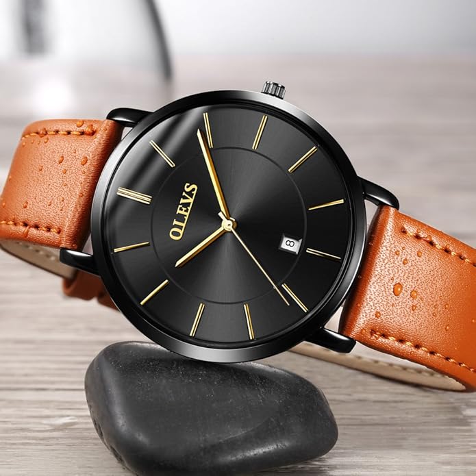 OLEVS Mens Watches Minimalist Ultra Thin Fashion Casual Analog Quartz Date Watch Waterproof Slim Simple Big Face Dress Wrist Watch Leather Band for Men