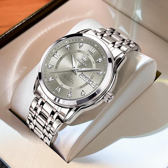OLEVS Men's Stainless Steel Watch, Large Face Roman Numerals Diamond Accented Three-Hand Analog Quartz Watches for Men, Easy to Read Day Date Waterproof Luminous Mens Wristwatch