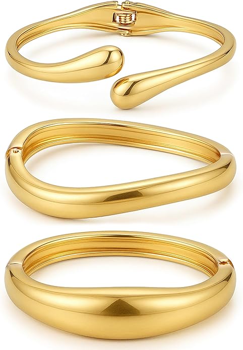 Chunky Gold Bangle Bracelets for Women, Dainty 14k Gold Plated Big Stackable Bangles Set, Trendy Statement Cuff Bracelet Stack Fashion Jewelry Christmas Gifts