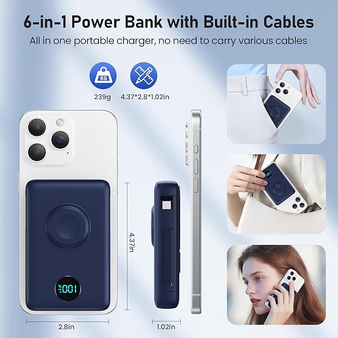 Magnetic Portable Charger for iPhone with Built-in Cables, 6-in-1 10800mAh Power Bank with iWatch Charger & LCD Display,25W Fast Charging Battery Pack for iPhone 17/16/15/14/13/12,Apple Watch (Blue)