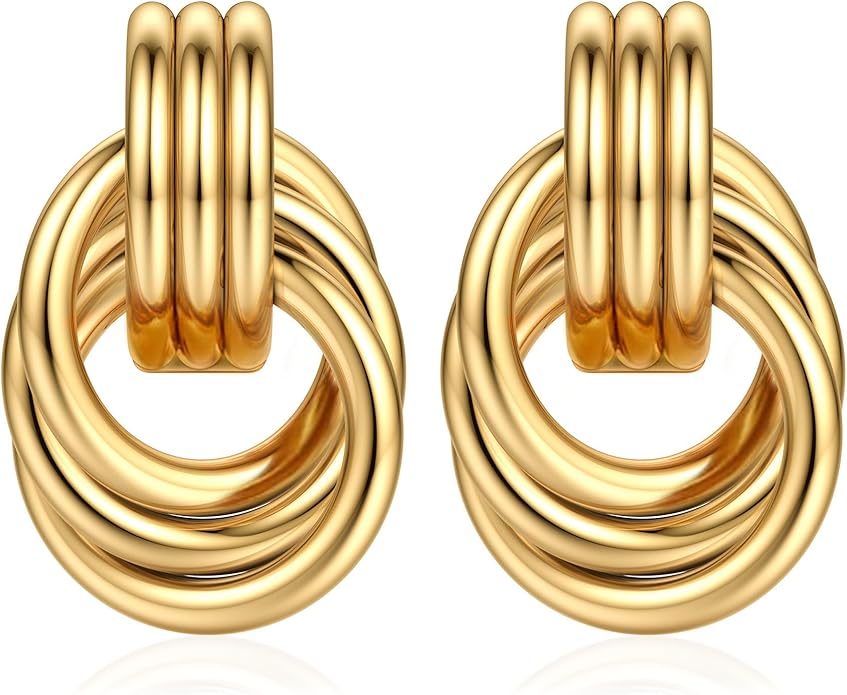 ORAZIO Chunky Gold Plated Knot Earrings for Womens Trendy 925 Silver Statement Lightweight Dangle Drop Hypoallergenic Large Geometric Stud Earring Jewelry for Women
