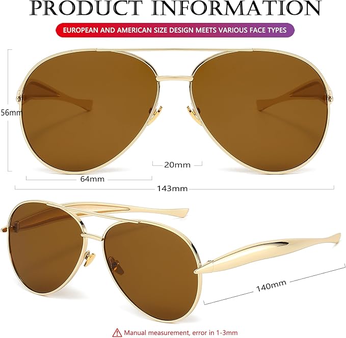 AIEYEZO Gold Aviator Sunglasses for Women Men Oversized Thick Frame Sun Glasses Fashion Retro Sardine Pilot Shades