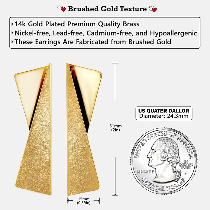 OZEL Gold Dangle Earrings for Women Brushed Finish, Matte Gold Statement Jewelry, 14k Gold Plated