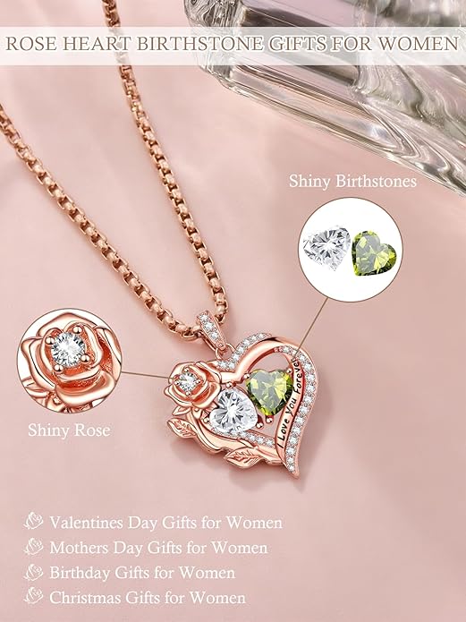Rose Heart Necklaces for Women, Rose Gold Forever Love Jewelry with 2 Birthstones Pendant, Christmas Anniversarry Birthday Gifts for Her Wife Mom Grandma, 18+2 Inch Chain