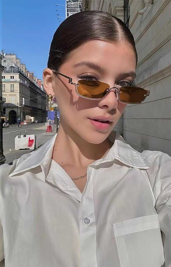 Retro Y2k Sunglasses for Women Men,Trendy Semi-Rimless Sun Glasses Irregular Narrow Gold Sunnies UV400