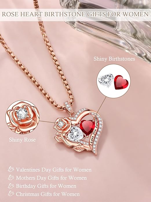 Rose Heart Necklaces for Women, Rose Gold Forever Love Jewelry with 2 Birthstones Pendant, Christmas Anniversarry Birthday Gifts for Her Wife Mom Grandma, 18+2 Inch Chain