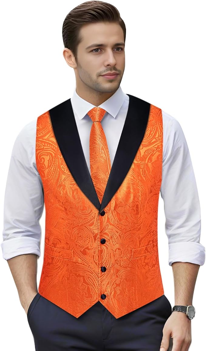 DiBanGu Mens Paisley Suit Vest Silk Jacquard Waistcoat and Necktie Set Formal Shawl Collar Dress Vest 7PCS for Wedding Party