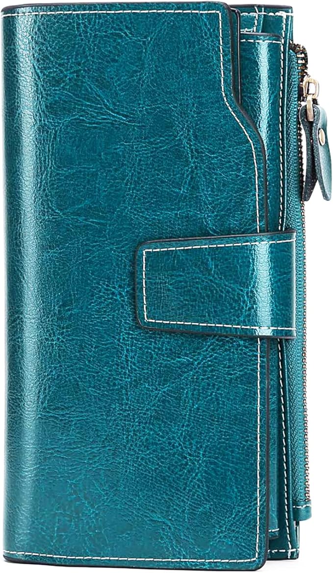 Women's Retro Long Wallet Genuine Leather RFID Blocking Large Capacity Clutch Purse in Brown (Blue)