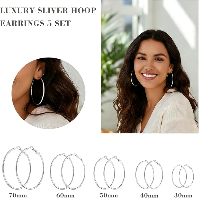 4/5/6 Pairs Stainless Steel 30/40/50/60/70 mm Silver 14K Gold Hoop Earrings for Women Hypoallergenic Big Thin Lightweight Dangle Set