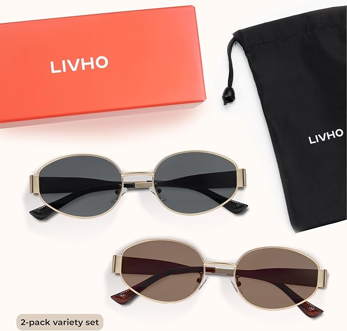 livho Retro Polarized Sunglasses - UV400 Protection, Oval Shape, Metal Frames - Matching Soft Case Inlcuded