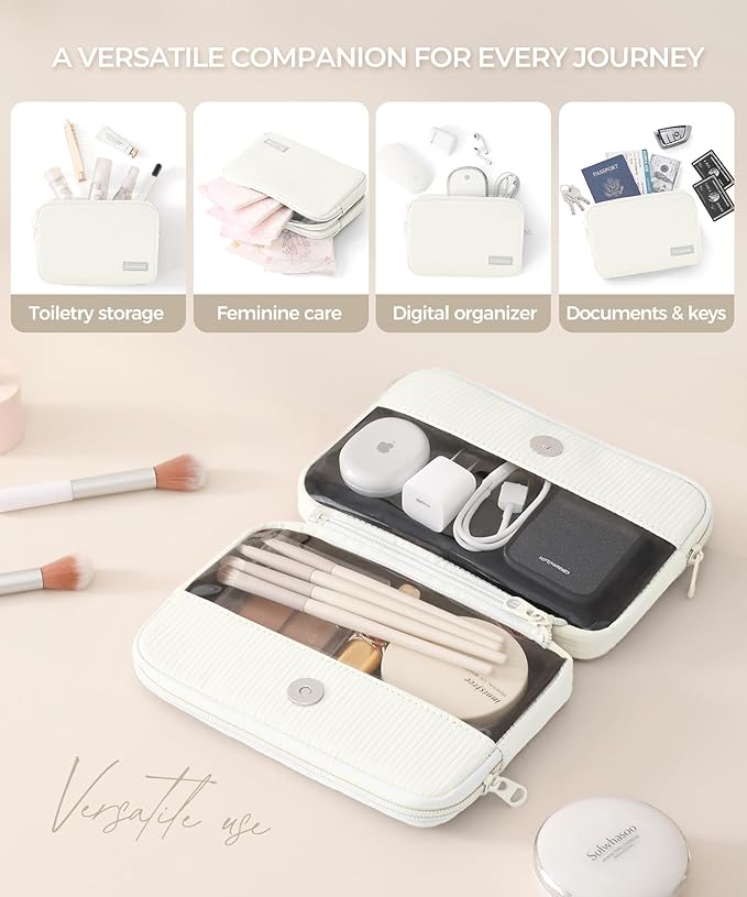Preppy Makeup Bag, Rectangle Double Detachable Cosmetic Organizer, Clear Side Panel Portable Travel Pouches for In-Flight Essentials, Beauty & Tech Accessories, Gift for Women
