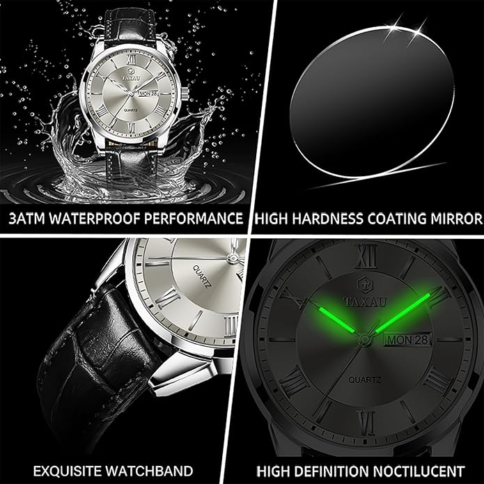 Leather Band Mens Watches with Day Date Quartz Analog Large Face Classic Watch Roman Numerals Dress Luminous Rlojes para Hombres