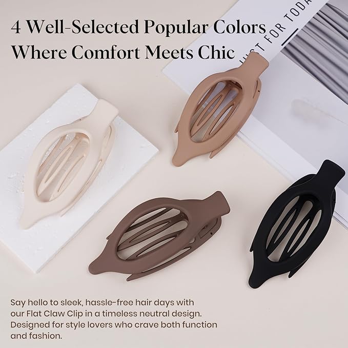 4 PCS Large Flat Hair Clips for Women Girls, French Concord Lay Down Hair Claw Clips for Thick Thin Hair, Comfortable Curved Flat Clips, Matte Non-slip Strong Hold Hair Accessories, Neutral