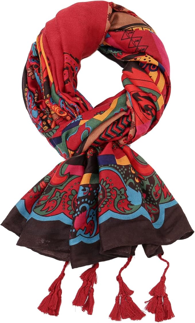 Yeieeo Boho Scarf for Women Lightweight Floral Printed Scarf Fall Winter Fashion Fringed Shawl