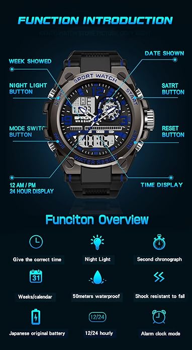 KXAITO Men's Watches Sports Outdoor Waterproof Military Watch Date Multi Function Tactics LED Alarm Stopwatch