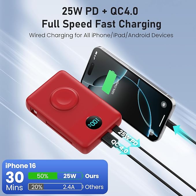 Magnetic Portable Charger for iPhone with Built-in Cables, 6-in-1 10800mAh Power Bank with iWatch Charger & LCD Display,25W Fast Charging Battery Pack for iPhone 17/16/15/14/13/12,Apple Watch (Red)