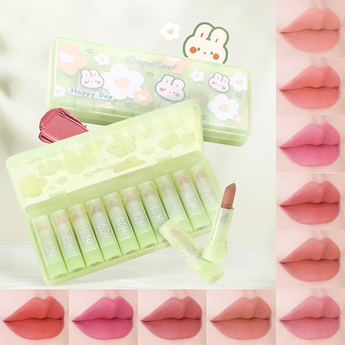 10 Pcs Lip Tint Set Cute Glossy Lip Stains and Matte Lipsticks with Long-lasting and Quick-drying Mini Lip Gloss Lipstick for Makeup Gift (Green Rabbit, Lipstick)