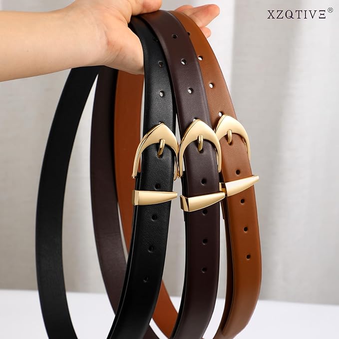 XZQTIVE Women's Leather Belts, Classic Minimalist Design For Jeans Pants Dresses, Black Belt With Gold Buckle