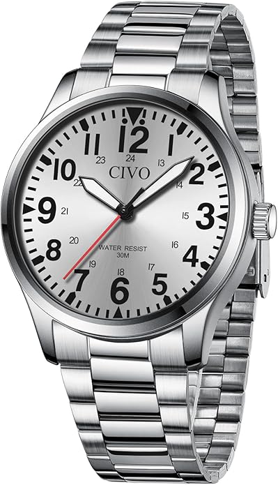 CIVO Analog Wrist Watches for Men: Waterproof Stainless Steel Mens Watches - Silver Watch with Easy Read Dial Men's Watch for Gift