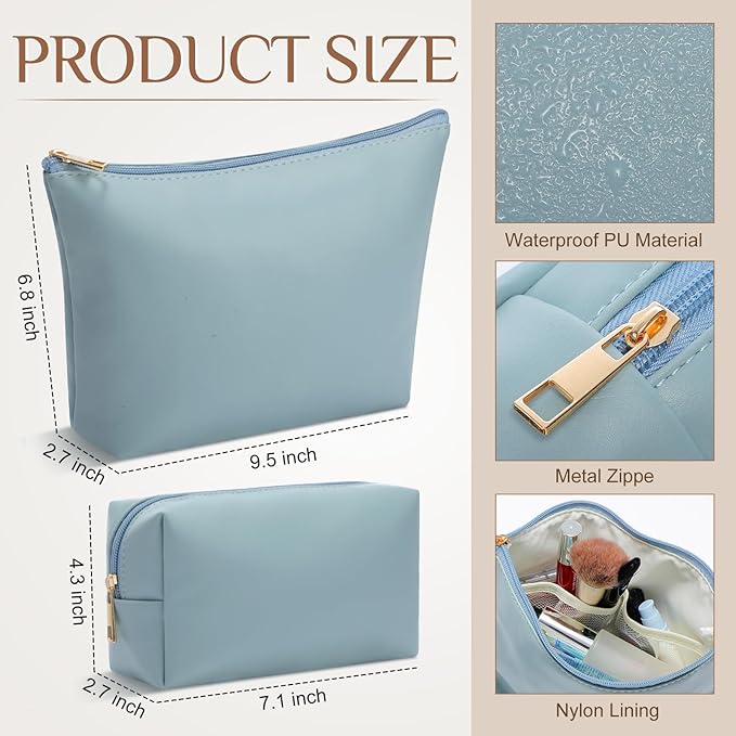 Kigeli 2 Pcs PU Leather Makeup Bag Set for Women Aesthetic Cosmetic Bag Small Toiletry Travel Pouch for Purse Emergency Skincare Organizer Valentine Gifts for Bridesmaid Birthday(Blue)