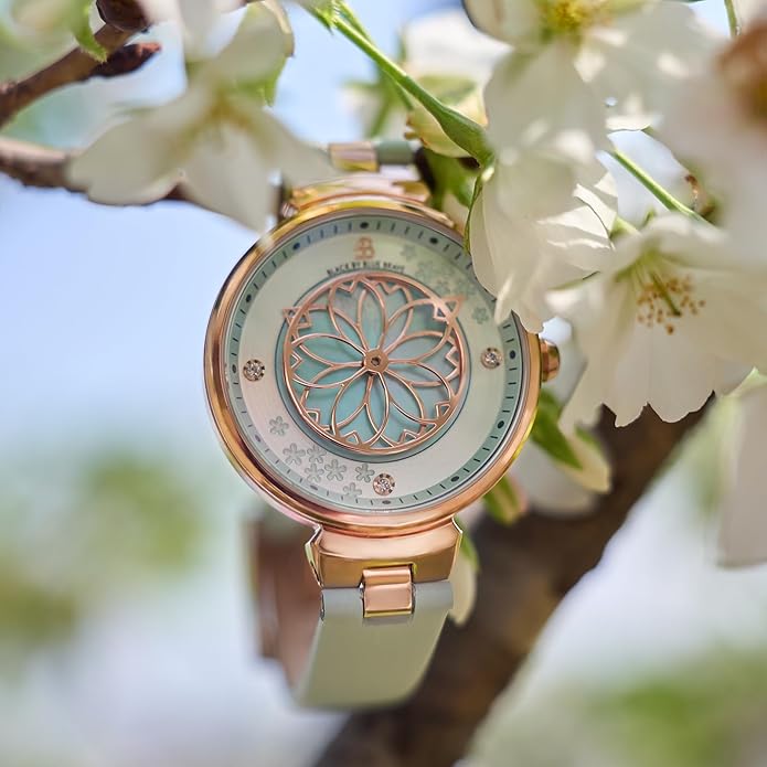 Women Watches Cherry Blossom Women's Watch Mother of Pearl Dial Ladies Watch with Leather Strap Sakura Petal Shape Cherry Blossom Watches for Women Sapphire Crystal Glass for Durability and Clarity