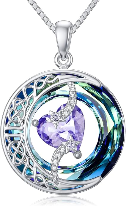 TOUPOP Birthstone Necklace 925 Sterling Silver Moon and Star Pendant with Blue Crystal Celtic Moon Jewelry Birthday Valentines Day Gifts for Women Mom Wife Her