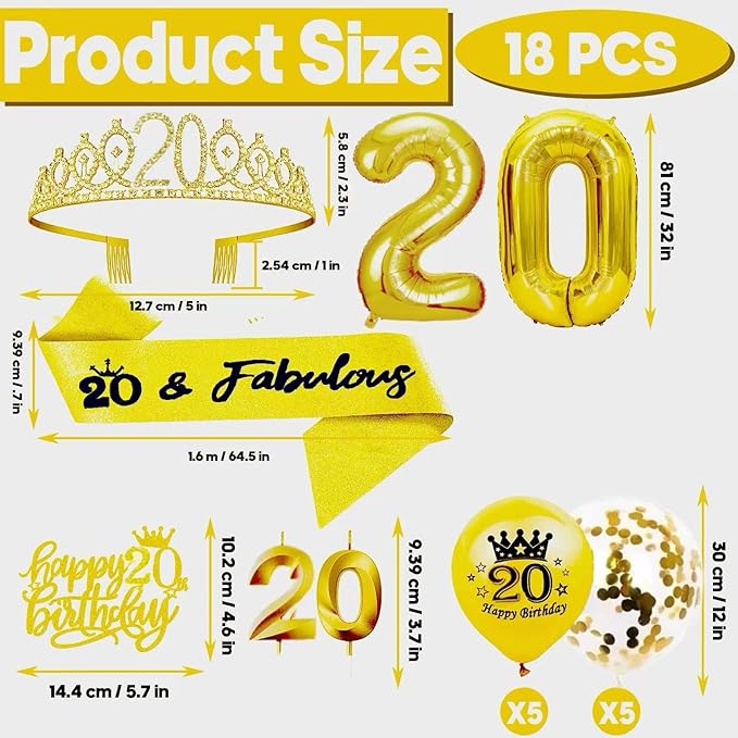20th Birthday Decorations for Her Girls Set, Include 20th Birthday Crown and 20 Sash, 20th Birthday Cake Topper and 20 Birthday Candles, Gold 20 Balloons, Women 20th Party Supplies(Gold)