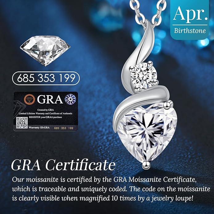 ANDSO Moissanite Heart Pendant Necklaces for Women, 925 Sterling Silver Necklace with Birthstone, Ideal Anniversary Present or Birthday Christmas Valentine Jewelry Gifts for Mom Wife Her Girlfriend