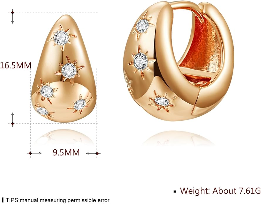 14K Gold Plated Cubic Zirconia Hoop Earrings,Three Row Diamon | Arrows | Double Row of Diamonds Huggie Earrings for Women