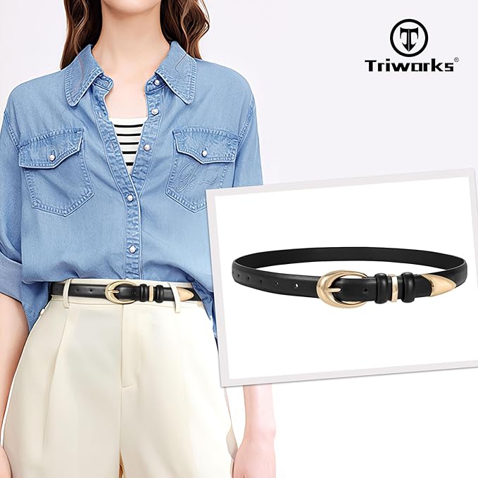 TRIWORKS Women Leather Belt for Jeans Pants Fashion Ladies Skinny Faux Leather Dress belt with Gold Buckle