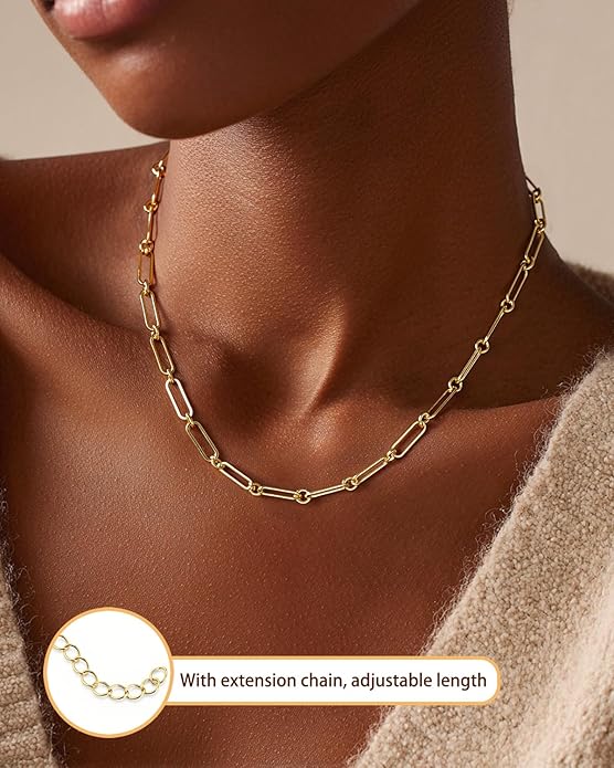 Link Gold Chain 14K Gold Plated Trendy Rope Paperclip Thick Chain Necklace Minimalist Layered Gold Chain Choker Necklaces for Women