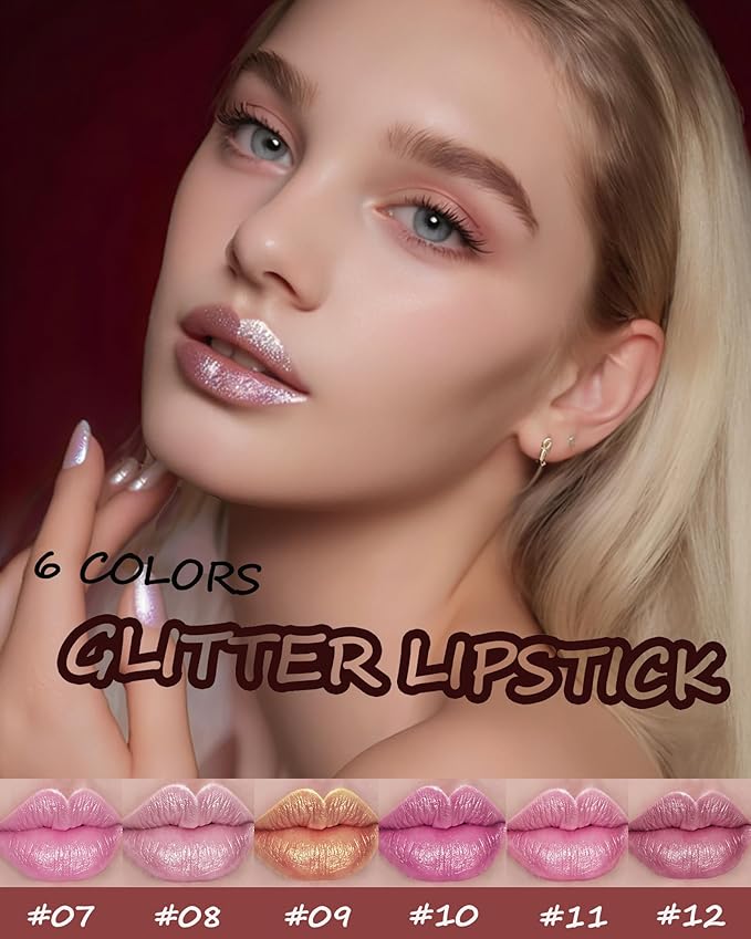 6 Pcs Glitter Lipstick Brown Nude Pink Purple Red Sets,Matte Shimmer Light to Dark Color for Women Long Lasting 24 Hours Lip Gloss, Sparkling Shiny Waterproof Lip Stick Christmas labiales Makeup Gift