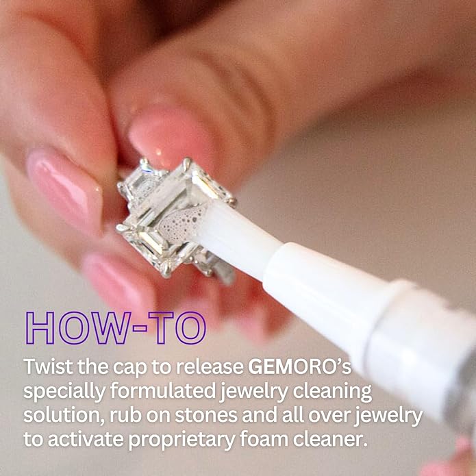 GemOro Sparkle Wand | Jewerly Cleaner Pen for On-The-Go | Travel Size Portable Cleaning Solution for Rings & Jewelry | Safe on Diamonds, Gemstones & Moissantie with Free Microfiber Cleaning Cloth