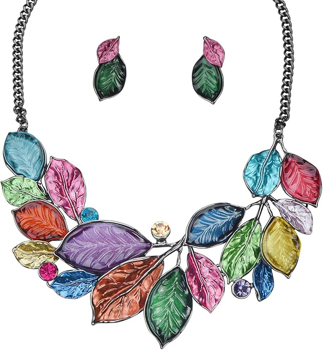 Vintage Statement Jewelry Set Leaf Floral Bohemian Boho Statement Necklace Earring Set Crystal Fashion Costume Jewelry