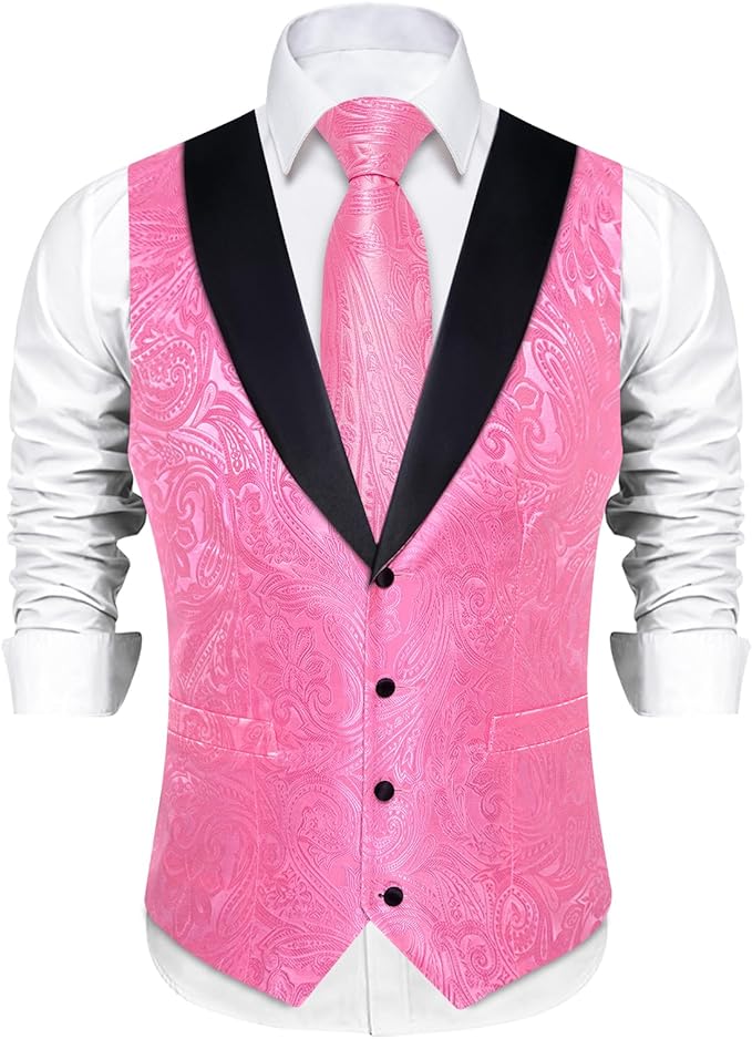 DiBanGu Mens Paisley Suit Vest Silk Jacquard Waistcoat and Necktie Set Formal Shawl Collar Dress Vest 7PCS for Wedding Party