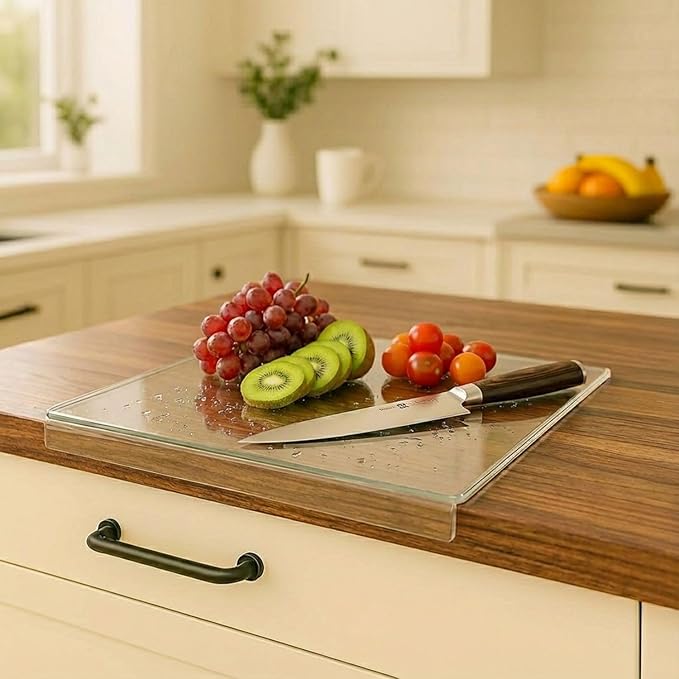 Acrylic Cutting Board with Counter Lip – Clear Countertop Cutting Board for Kitchen Prep, Easy Food Transfer, Non-Slip Pads, Dishwasher-Safe – 17" x 13"
