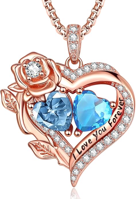 Rose Heart Necklaces for Women, Rose Gold Forever Love Jewelry with 2 Birthstones Pendant, Christmas Anniversarry Birthday Gifts for Her Wife Mom Grandma, 18+2 Inch Chain