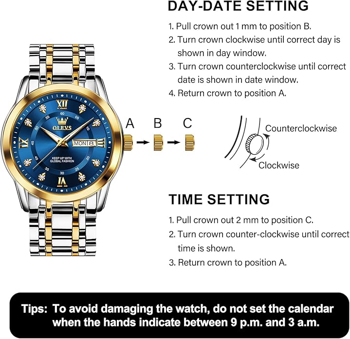 OLEVS Men's Stainless Steel Watch, Large Face Roman Numerals Diamond Accented Three-Hand Analog Quartz Watches for Men, Easy to Read Day Date Waterproof Luminous Mens Wristwatch