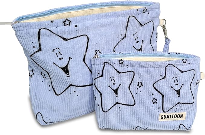 2pcs Blue Star Corduroy Makeup Bag for woman-aesthetic cute stuff as pouch case and purse organizer for girl-cosmetic travel toiletry bag small baggu glossier