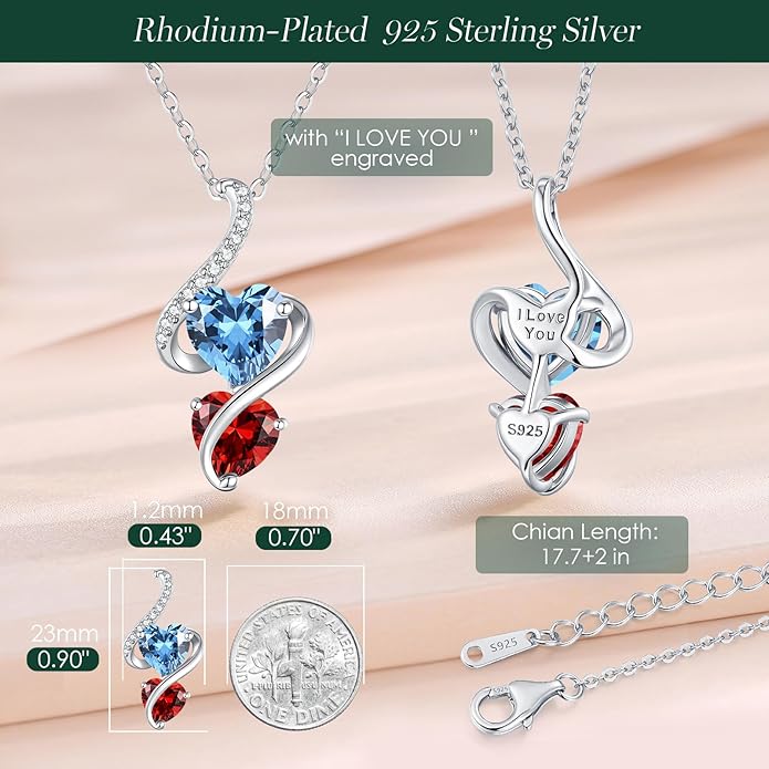 LOUISA SECRET Unique Double Heart Necklace Gifts for Wife Women, 925 Sterling Silver Tiny Birthstone Pendant Jewelry Gift for Her Girlfriend Mom Valentine's Day Anniversary Mother's Day Birthdays & Christmas