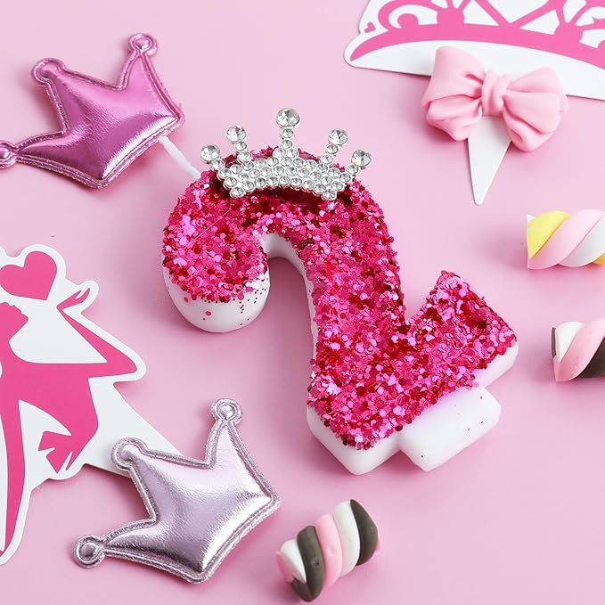 Hot Pink Birthday Candles Crown Number 2 Candle Birthday Party Decorations Cake Topper Cupcake Decor for Anniversary Celebrations Supplies