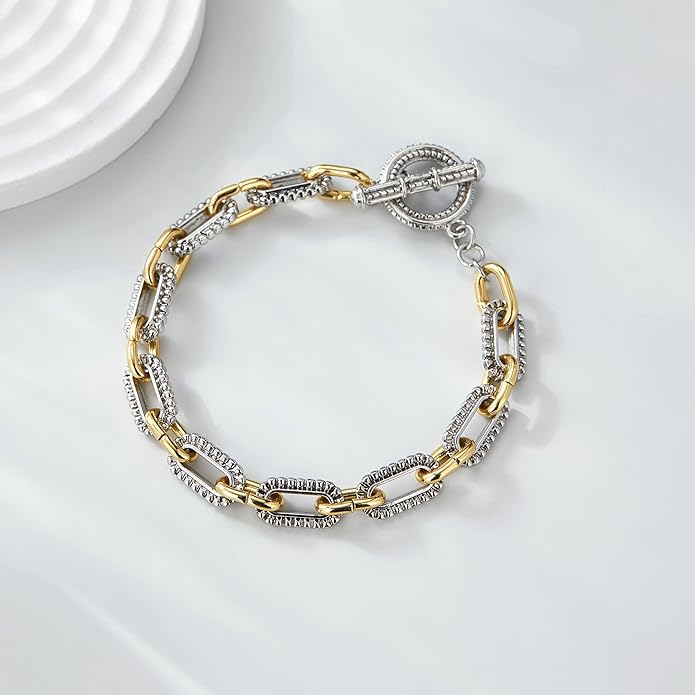 Mytys Link Bracelet for Women Gold and Silver 2 tone Circles Chain Wire Bangle Bracelets