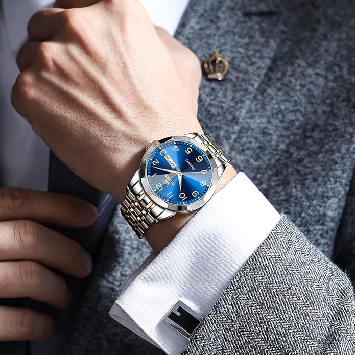 Men's Casual Stainless Steel Watch, Big Face Easy to Read Analog Quartz Watch with Day and Date, Classic Waterproof Diamond Roman Arabic Numerals Dial Dress Watch for Men, Gold Silver Black Band