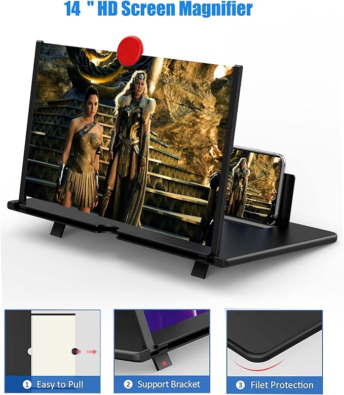 14" Screen Magnifier for Cell Phone, Mobile Phone 3D HD Magnifying Projector Screen Enlarger for Movies, Videos and Gaming, Foldable Phone Stand with Screen Amplifier,Compatible with All Phones